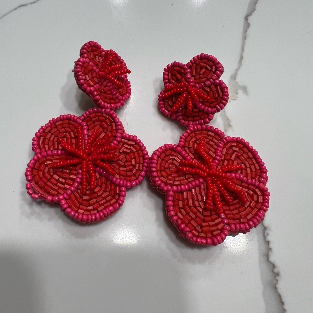 BaubleBar Beaded Red & Pink Flower Drop Stud Earrings
